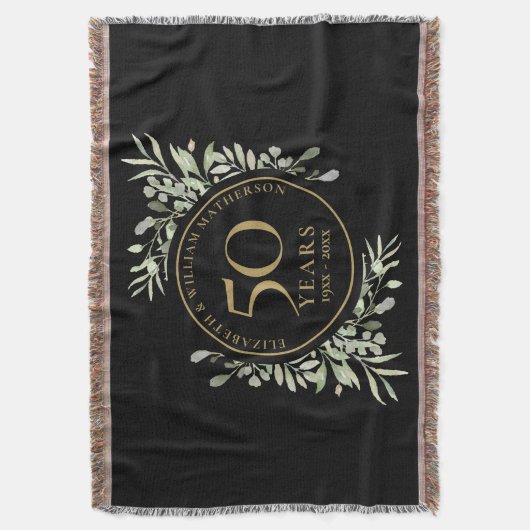 50ste huwelijksverjaardag Zwart Goud Groene Blad Deken (Voorkant Verticaal)