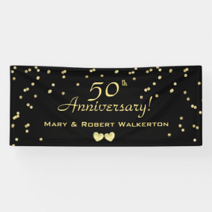 50ste huwelijksverjaardag Zwart met gouden harten Spandoek