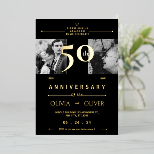 50ste trouwdag verjaardag toen en nu folie uitnodiging (Staand Voorkant)