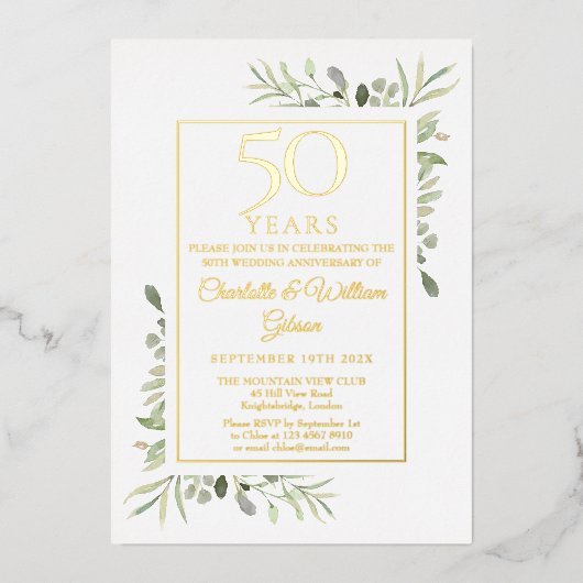 50ste trouwjubileum aquarel groen goud folie uitnodiging (Voorkant)