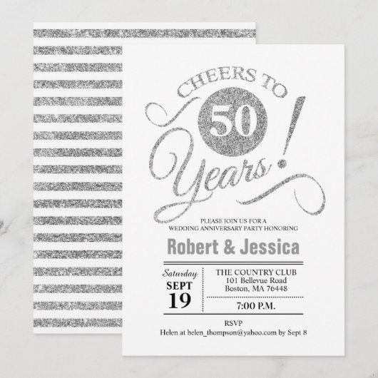 50ste Trouwjubileum Feest - Zilver Wit Kaart (Voorkant / Achterkant)