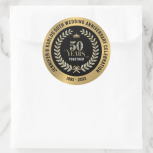 50ste trouwjubileum glinsterende laurierkrans ronde sticker