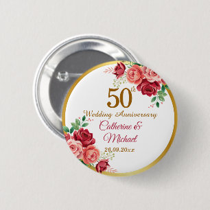 50ste trouwjubileum gouden bloemstuk lijst ronde button 5,7 cm