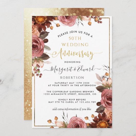 50ste trouwjubileum, gouden en bordeauxrode bloeme kaart (Voorkant / Achterkant)