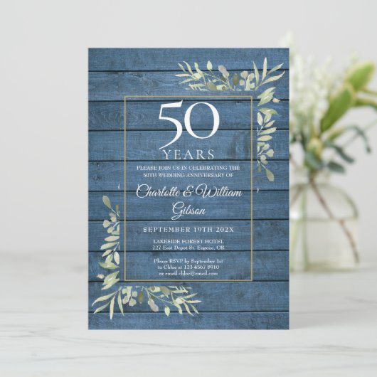 50ste trouwjubileum groen blauw rustiek hout kaart (Staand voorkant)