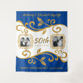 50ste trouwjubileum Voeg uw foto's toe Blauw Goud Wandkleed