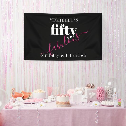 50ste verjaardag 50 & Fabulous Zwart & Roze Script Spandoek (Feest)