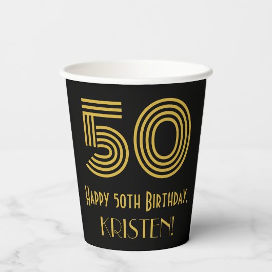 50ste verjaardag: Art Deco Geïnspireerde look "50" Papieren Bekers (Achterkant)