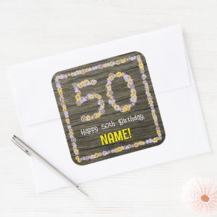 50ste verjaardag: Bloemgetal, Faux Wood Look, Naam Vierkante Sticker