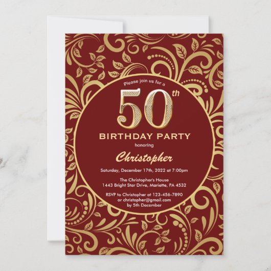 50ste verjaardag bordeauxrood en gouden bloempatro kaart (Voorkant)