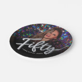 50ste verjaardag custom foto script zilver papieren bordje (Gekanteld)