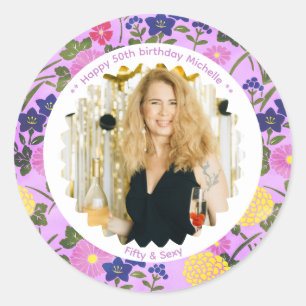 50ste verjaardag foto naam roze bloem elegant ronde sticker
