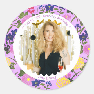 50ste verjaardag foto naam roze bloem elegant ronde sticker