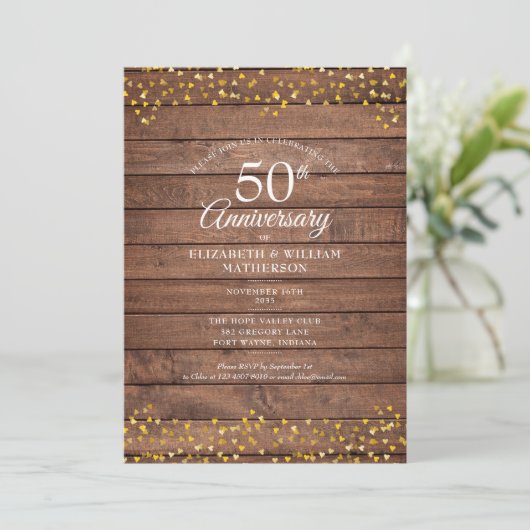 50ste verjaardag Gouden Harten Rustiek Hout Kaart (Staand voorkant)