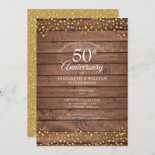 50ste verjaardag Gouden Harten Rustiek Hout Kaart (Voorkant / Achterkant)