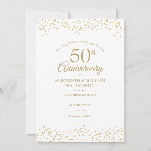 50ste verjaardag Gouden Stof Confetti Save the Dat Kaart (Voorkant)