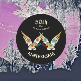 50ste Verjaardag Koppel Sierkunst Liefdesvogels Ronde Sticker