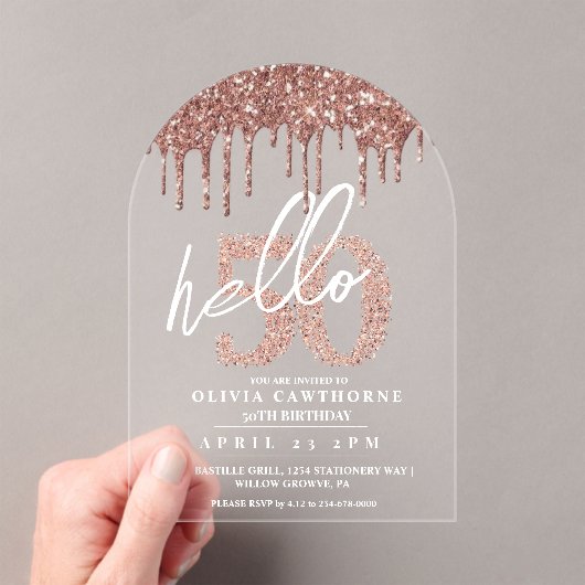 50ste verjaardag Lux Roos Roze Acryl Acryl Uitnodigingen (Insitu (Draagbaar))