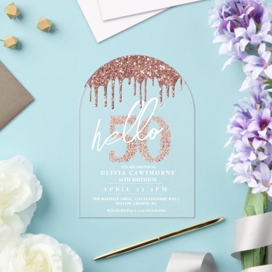 50ste verjaardag Lux Roos Roze Acryl Acryl Uitnodigingen (Insitu (Huwelijk))