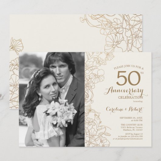 50ste verjaardag met foto - ivoor gouden bloem kaart (Voorkant / Achterkant)