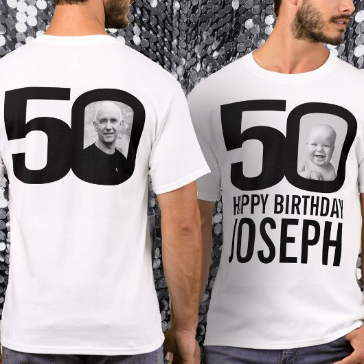 50ste verjaardag mono nu en dan foto naam t-shirt