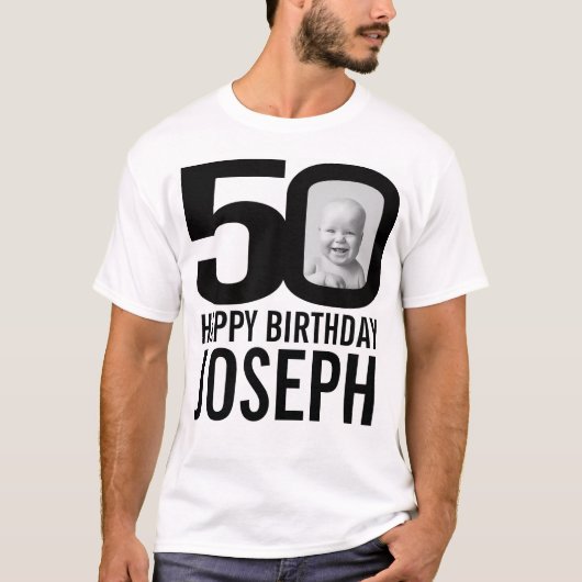 50ste verjaardag mono nu en dan foto naam t-shirt (Voorkant)