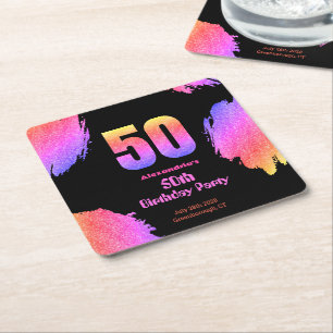 50ste verjaardag Neon Pink Glitter Party Vierkante Kartonnen Onderzetter