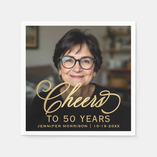 50ste verjaardag Party Foto Gold Script Cheers Servet (Voorkant)