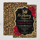 50ste verjaardag - Rode rozen Luipaard Print Kaart (Voorkant / Achterkant)