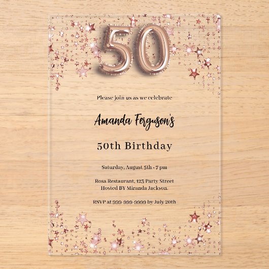 50ste verjaardag roos Gold Stars Clear Party Acryl Uitnodigingen (Voorkant)