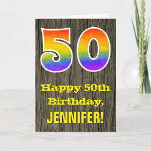 50ste verjaardag: Rustic Faux Wood Kijk, regenboog Kaart