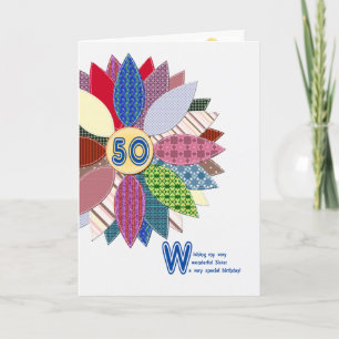 50ste verjaardag voor zus, gestikte bloem kaart