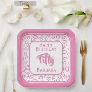 50ste verjaardag willekeurig cijferpatroon roze/wi papieren bordje