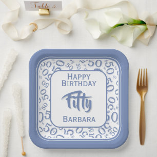50ste Verjaardag Willekeurig Nummer Patroon Blauw/ Papieren Bordje