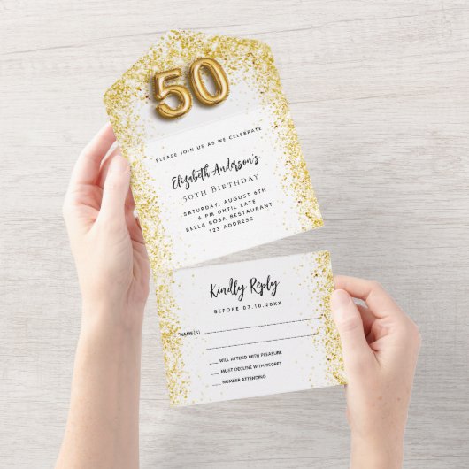 50ste verjaardag witgouden feest RSVP All In One Uitnodiging (Afscheurbaar)