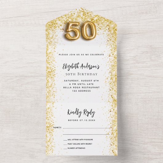 50ste verjaardag witgouden feest RSVP All In One Uitnodiging (Binnen)