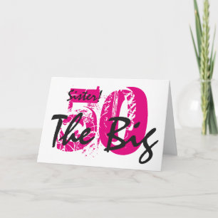 50ste verjaardag, zus, roze, zwarte tekst op wit. kaart