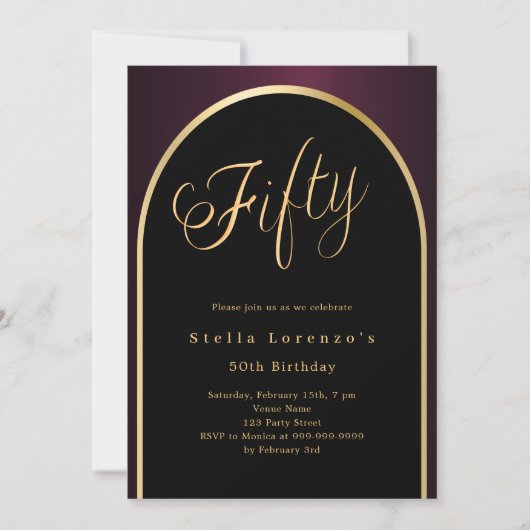 50ste verjaardag zwart Bourgondisch gouden boog sc Kaart (Voorkant)