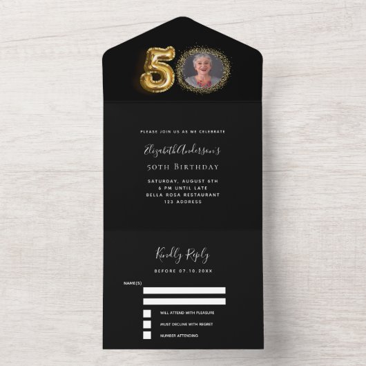 50ste verjaardag zwart goud foto RSVP All In One Uitnodiging (Binnen)