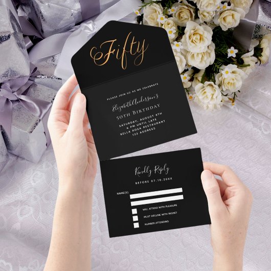 50ste verjaardag zwart goud script RSVP All In One Uitnodiging