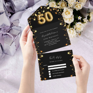 50ste verjaardag zwart goud sterren RSVP All In One Uitnodiging