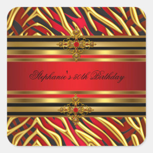 50ste Verjaardagsfeest Rood Zebra Goud Zwart Vierkante Sticker