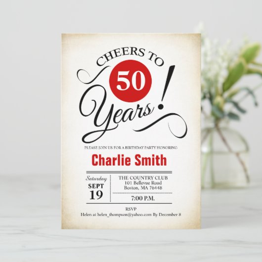 50ste verjaardagsfeestje - rood zwart wit kaart (Staand voorkant)