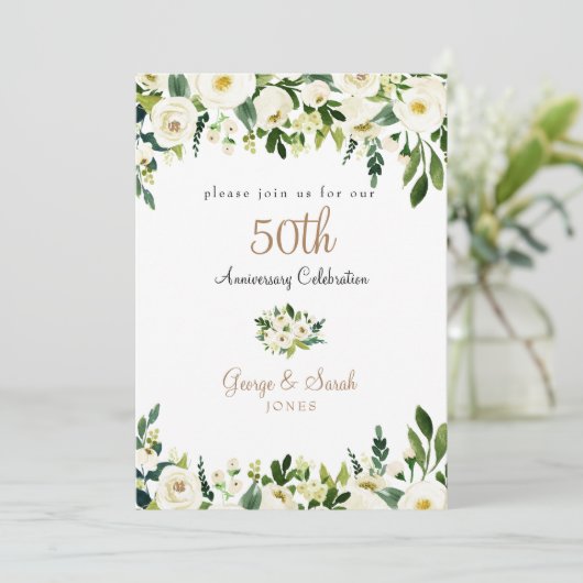 50ste verjaardagsfeestje Witte Bloemen Kaart (Staand voorkant)