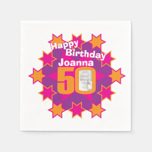 50ste verjaardagsfoto en noem roze sterluiers servetten