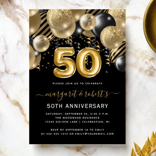 50th Anniversary Gold Black Balloon Arch Party Kaart