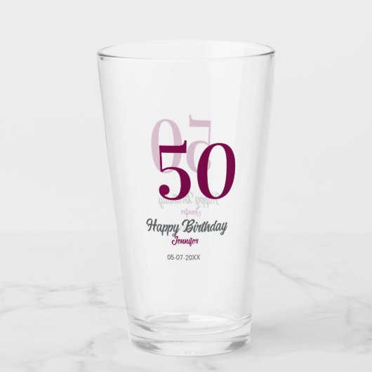50th birthday add name date year mauve template glas (Voorkant)