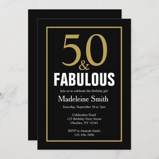 50th Birthday Black and Gold Party Invitation Kaart (Voorkant / Achterkant)