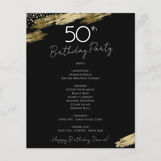 50th Birthday Black and Gold Party Menu Flyer (Voorkant)