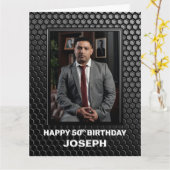 50th Birthday Black Geometric Pattern Custom Photo Kaart (Gele Bloem)